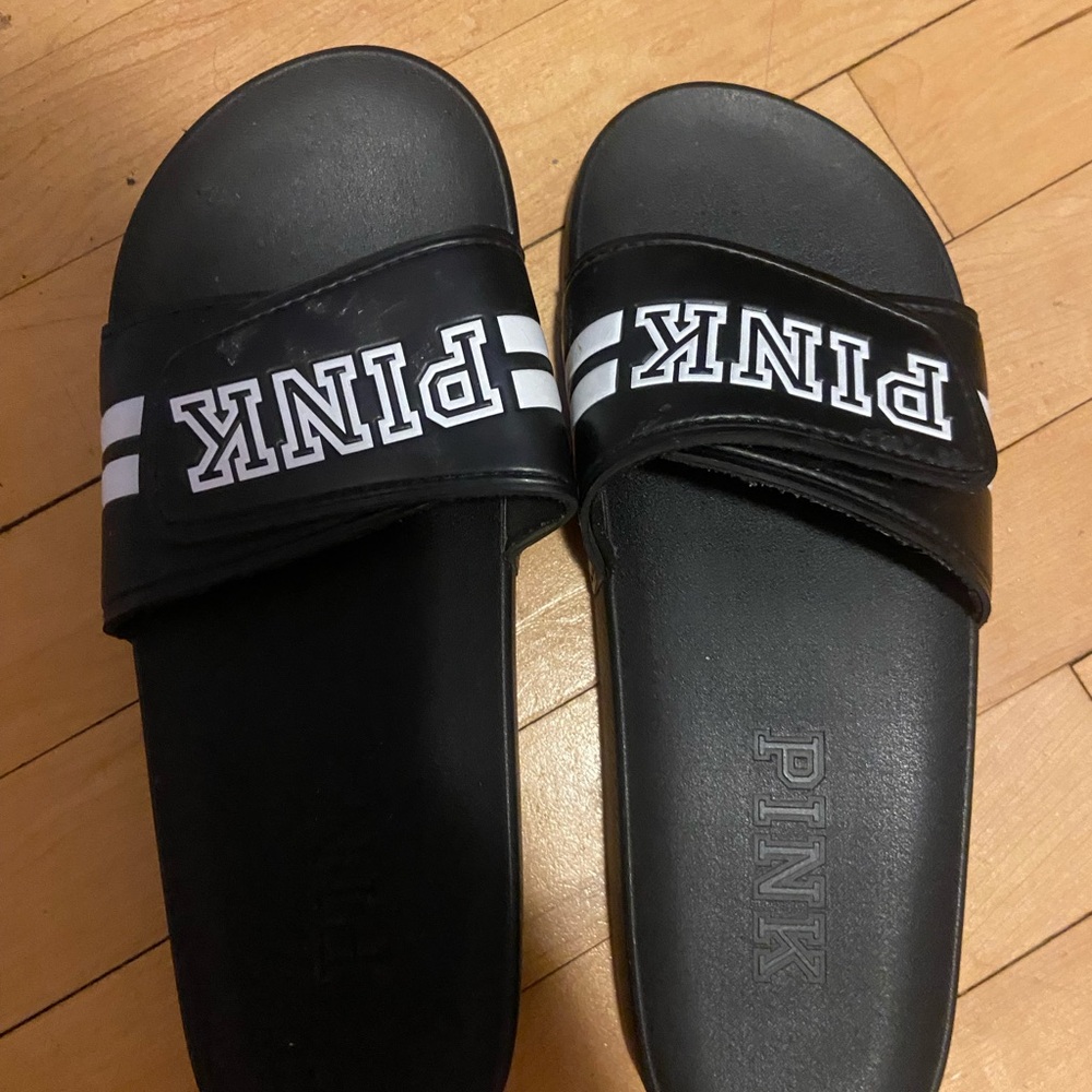 PINK Victoria's Secret Black Slippers with Minimalist Design